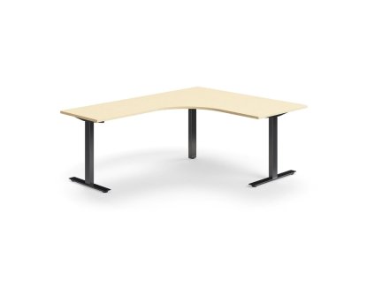 QBUS office desk, corner, 1600x2000 mm, T-frame, black frame, birch