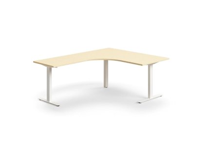 QBUS office desk, corner, 1600x2000 mm, T-frame, white frame, birch