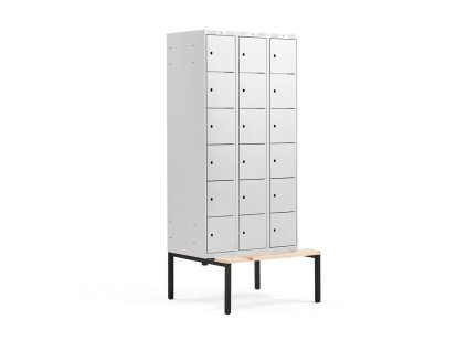 Wardrobe CLASSIC, with bench, 3 sections, 18 compartments, 2120x900x550 mm, gray