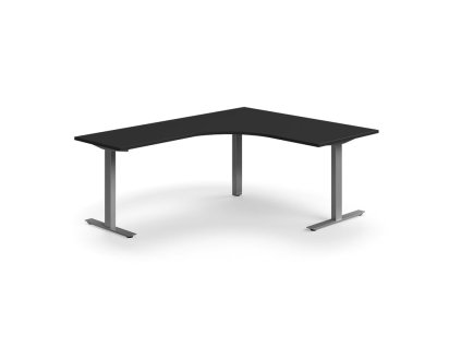 QBUS Büroschreibtisch, Ecke, 1600x2000 mm, T-Gestell, silberner Rahmen, schwarz