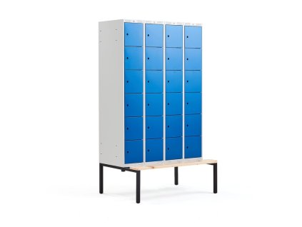 Wardrobe CLASSIC, with bench, 4 sections, 24 compartments, 2120x1200x550 mm, blue