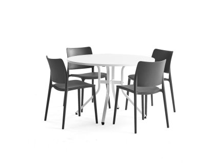 Möbelset: Diverser Tisch + 4 anthrazitfarbene Rio-Stühle