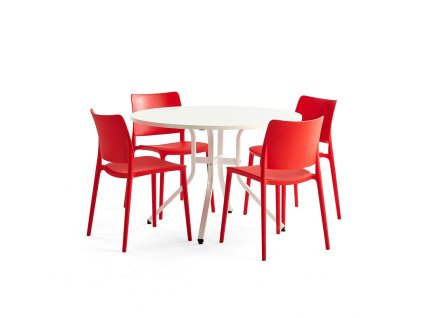 Furniture set: Various table + 4 red Rio chairs