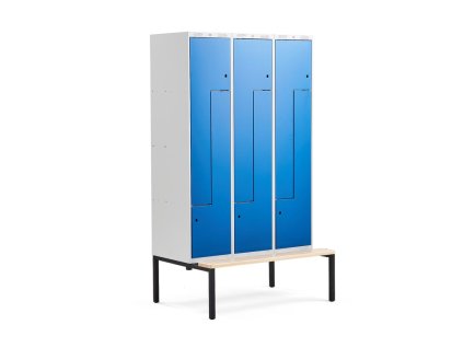 Šatňová skrinka CLASSIC, tvar Z, s lavičkou, 3 sekcie, 6 dverí, modrá