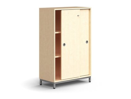 Cabinet with sliding doors QBUS, 2 shelves, on legs, with handle, 1252x800x400 mm, silver, birch