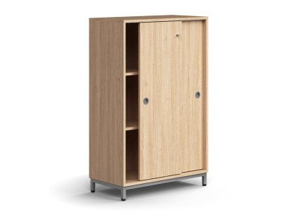 Szafka z drzwiami przesuwnymi QBUS, 2 półki, na nogach, z uchwytem, ​​1252x800x400 mm, srebrny, dąb