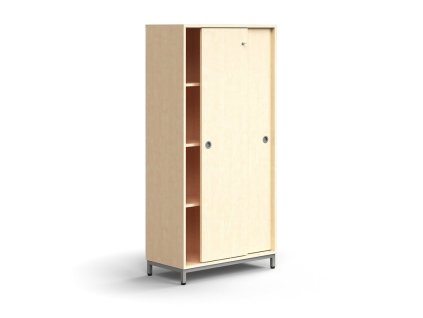 Cabinet with sliding doors QBUS, 3 shelves, on legs, with handle, 1636x800x400 mm, silver, birch