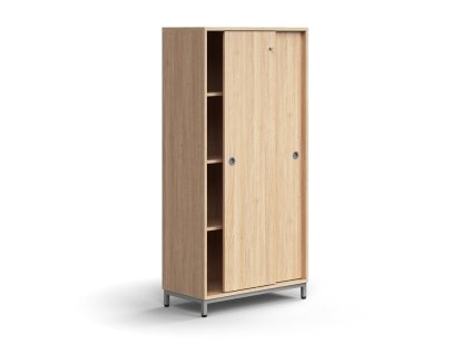 Szafka z drzwiami przesuwnymi QBUS, 3 półki, na nogach, z uchwytem, ​​1636x800x400 mm, srebrny, dąb