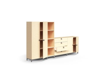 QBUS-Schrank + 4 Fächer + 4 Schubladen, auf Beinen, 1636 x 2800 x 420 mm, Silber, Birke