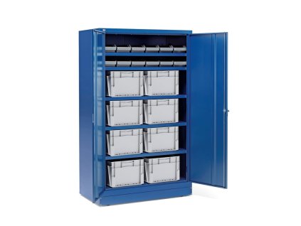 SHIFT metal cabinet with plastic boxes and crates, 12 boxes + 8 crates