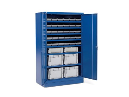 SHIFT metal cabinet with plastic boxes and crates, 30 boxes + 6 crates