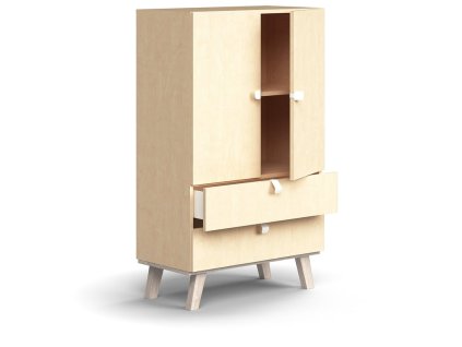 QBUS szekrény, 2 polc + 2 fiók, lábakon, 1332x800x420 mm, nyír