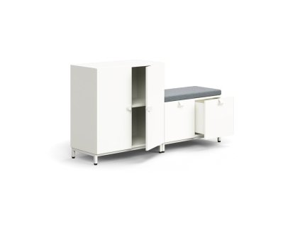 Tárolószekrény QBUS, szekrény + pad, lábakon, 868x1600x420 mm, fehér, szürke párna