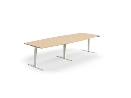 Height-adjustable meeting table QBUS, oval, 3200x1200 mm, white frame, oak