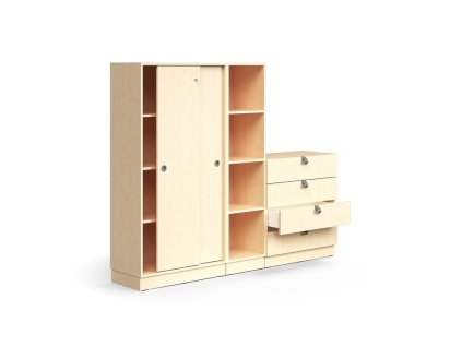Abschließbarer QBUS-Schrank + 4 offene Fächer + 4 Schubladen, mit Sockel, 1636 x 2000 x 420 mm, Birke