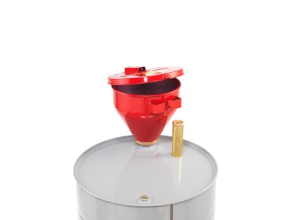 Barrel funnel with self-closing lid