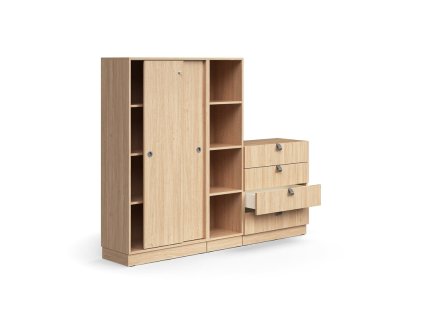 Szafka zamykana QBUS + 4 półki otwarte + 4 szuflady, z cokołem, 1636x2000x420 mm, dąb