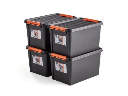 Plastic boxes with lid NOLAN, 50 L, 4 pcs, 590x390x345 mm, black