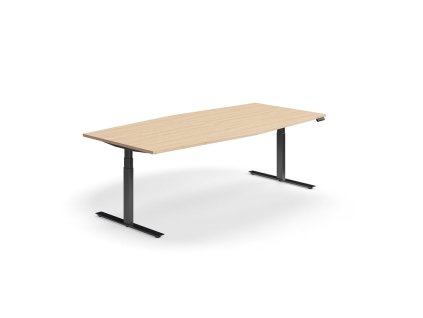 Height-adjustable meeting table QBUS, oval, 2400x1200 mm, black frame, oak