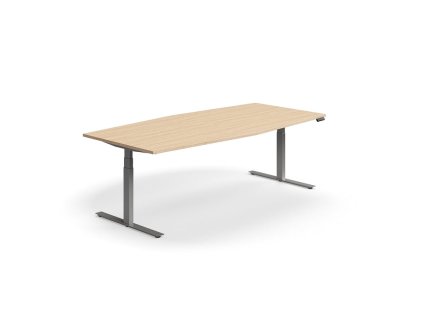 Height-adjustable meeting table QBUS, oval, 2400x1200 mm, pillar frame, oak