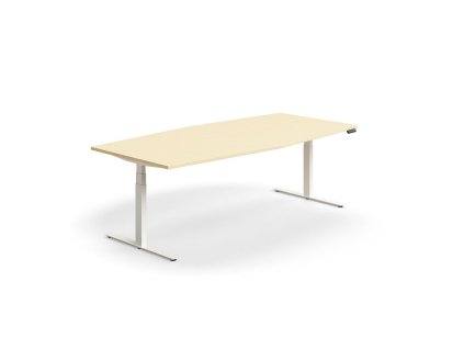 Height-adjustable conference table QBUS, oval, 2400x1200 mm, white frame, birch