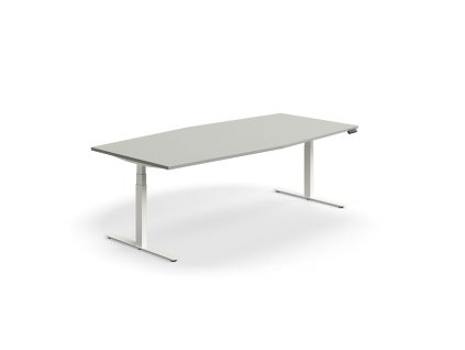 Height-adjustable meeting table QBUS, oval, 2400x1200 mm, white frame, light gray