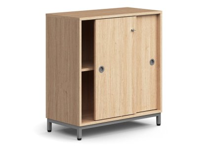 Cabinet with sliding doors QBUS, 1 shelf, on legs, with handle, 868x800x400 mm, silver, oak