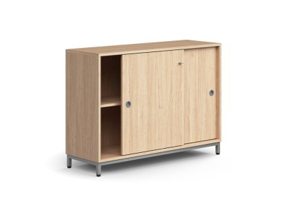 Cabinet with sliding doors QBUS, 1 shelf, on legs, with handle, 868x1200x400 mm, silver, oak