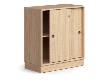 Cabinet with sliding doors QBUS, 1 shelf, with plinth, with handle, 868x800x400 mm, oak