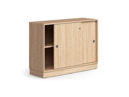 Cabinet with sliding doors QBUS, 1 shelf, with plinth, with handle, 868x1200x400 mm, oak