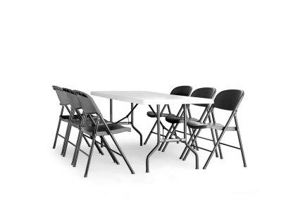 Étkezőgarnitúra: asztal 1530x760 mm + 6 db fekete összecsukható szék