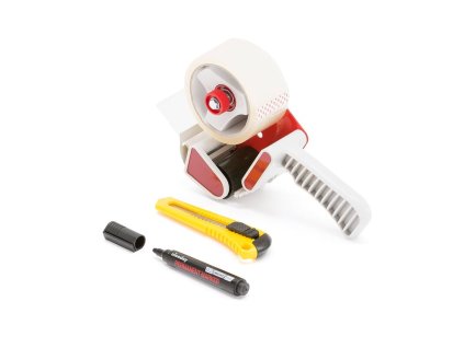 Set for packing goods (adhesive tape holder, tape, knife, marker)