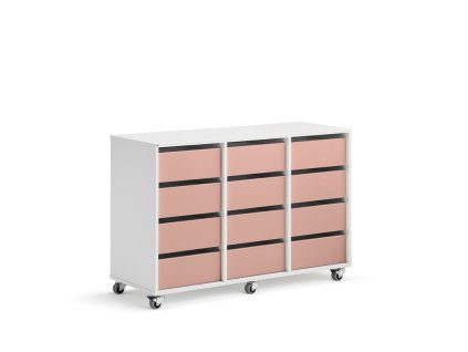 Storage cabinet CASPER, 12 drawers, white, dark pink