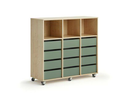 Storage cabinet CASPER, 12 drawers, 3 compartments, birch, dark green
