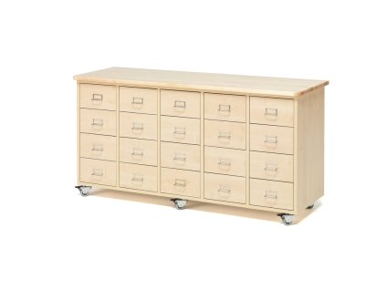 Görgős komód, 20 fiók, fogantyú címketartóval, nyír