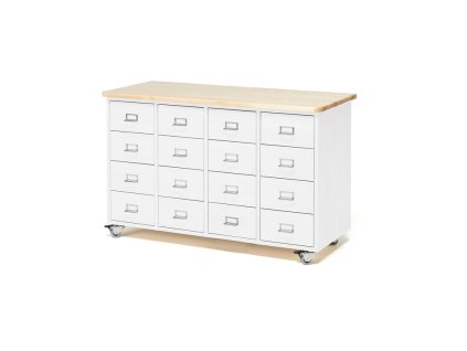 Chest of drawers on wheels, 16 drawers, handle with label holder, white