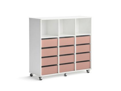 Storage cabinet CASPER, 12 drawers, 3 compartments, white, dark pink