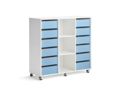 Úložná skříň CASPER, 12 zásuvek, 3 přihrádky, bílá, modrá