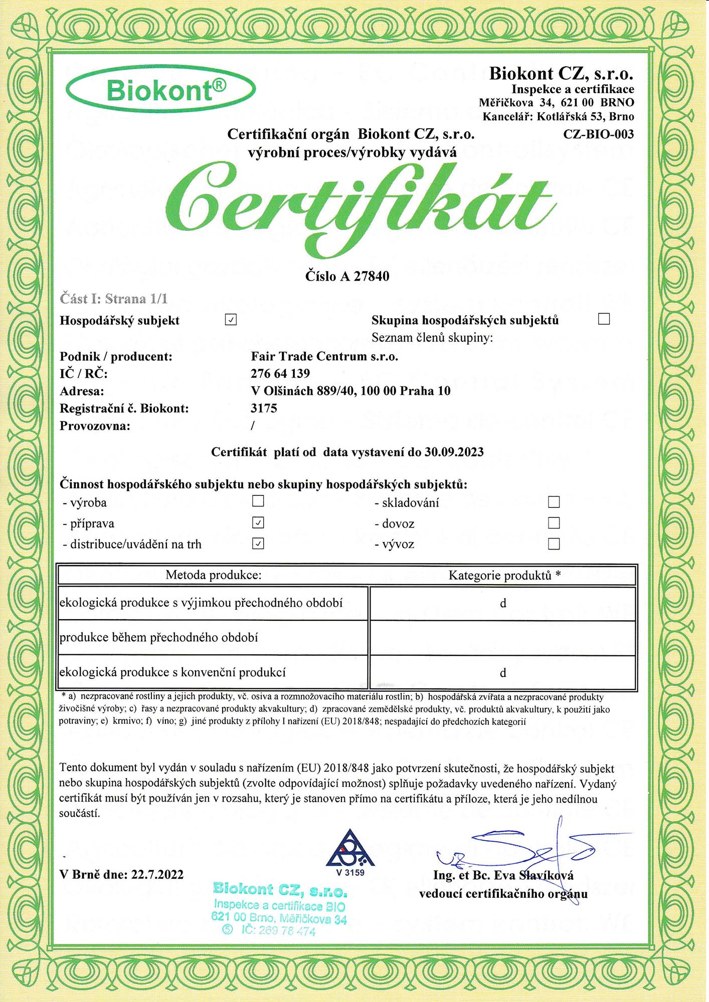 Certifikát Biokontu Fair Trade Centrum