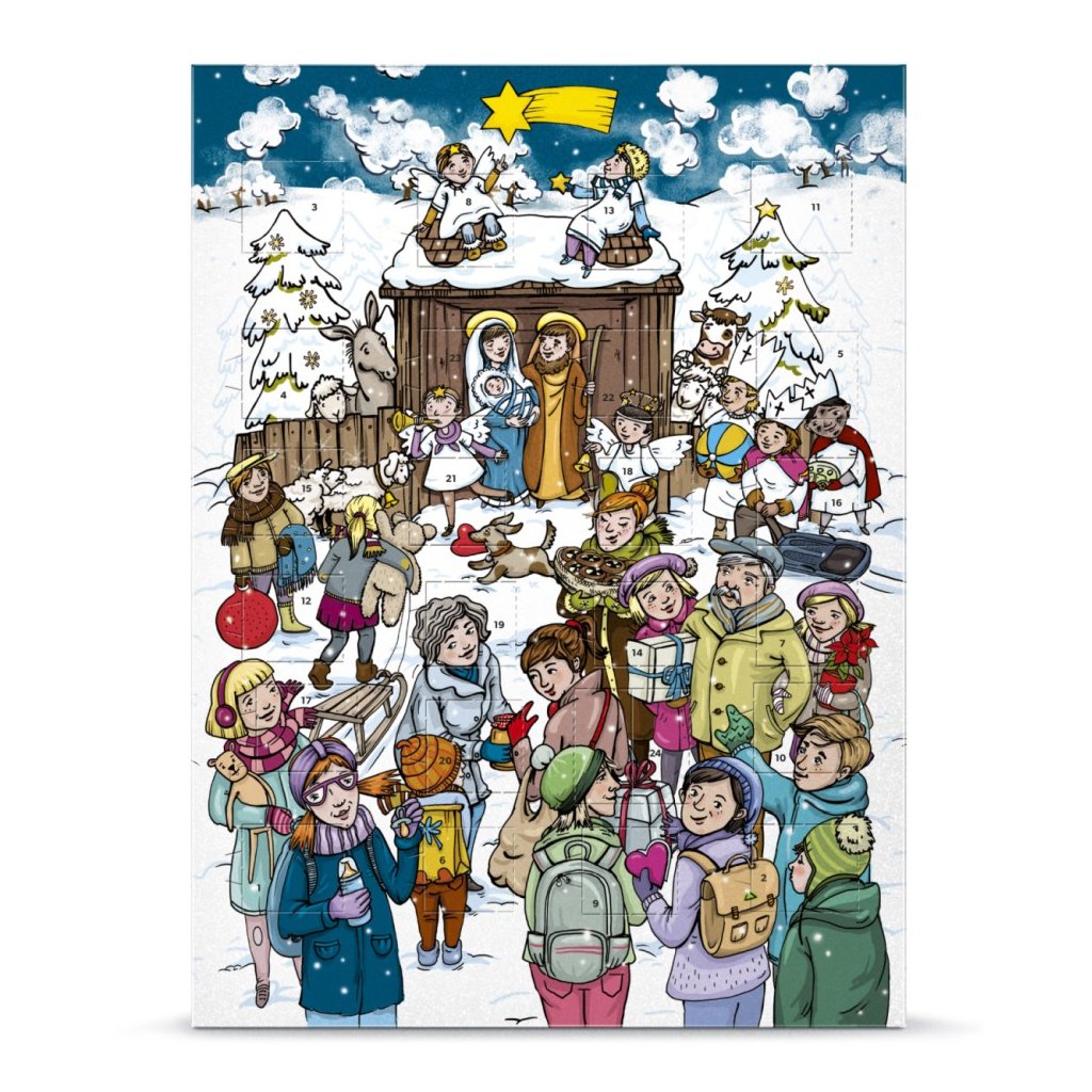 Český fair trade bio adventní kalendář s mléčnou čokoládou a příběhem o narození Ježíška