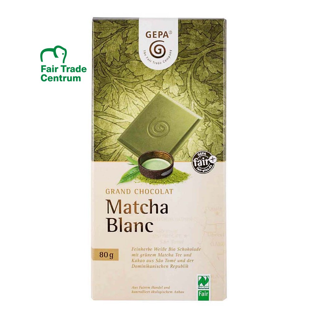 Fair trade bio bílá čokoláda se zeleným čajem Matcha