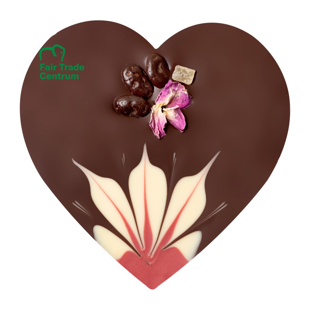 Fair trade bio srdce z hořké čokolády Zotter s malinami, 70 % kakaa, 100 g