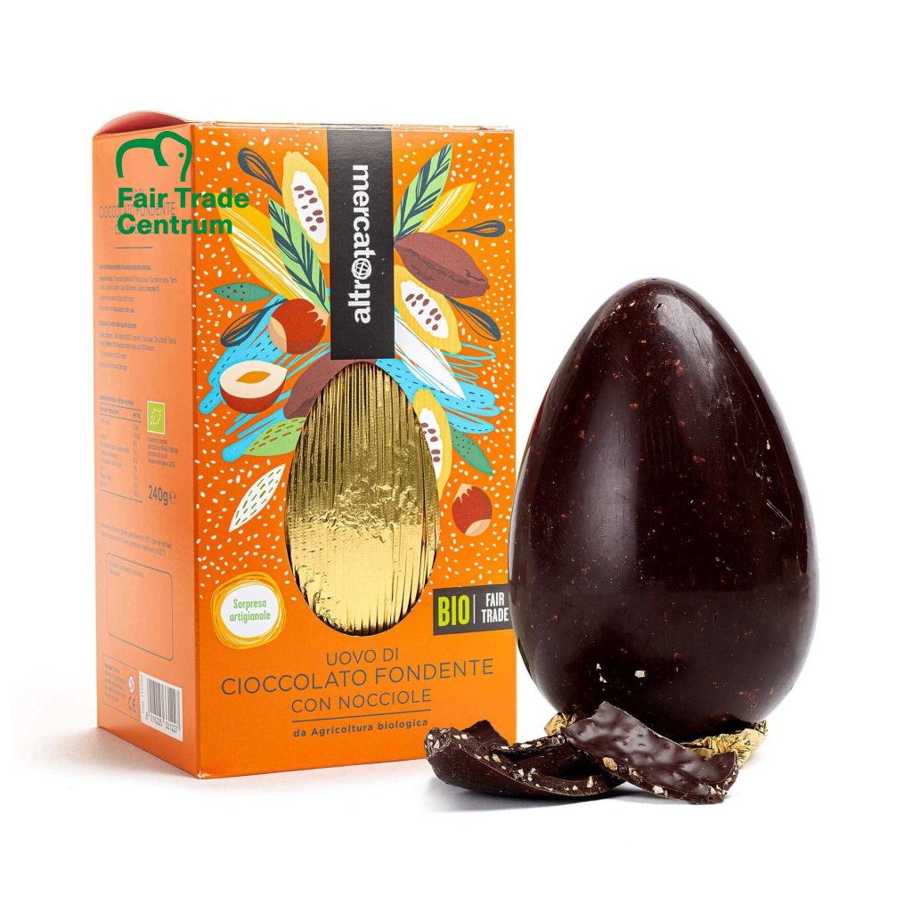 Fair trade bio velikonoční vajíčko z hořké čokolády s lískovými oříšky a překvapením v dárkové krabičce, 240 g