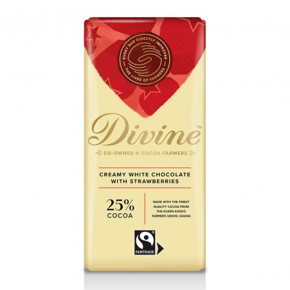 Fairtrade bílá čokoláda s jahodami Divine, 90 g