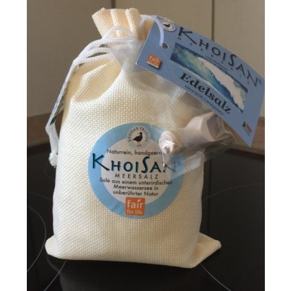 Fair Trade mořská sůl KhoiSan Deluxe v jutovém sáčku z JAR