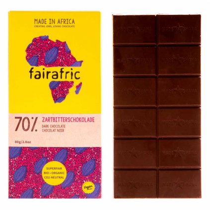 Fair trade hořká čokoláda se 70 % kakaa, vyrobená fairafric v Ghaně