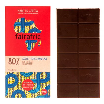 Fair trade hořká čokoláda s 80 % kakaa, vyrobená fairafric v Ghaně