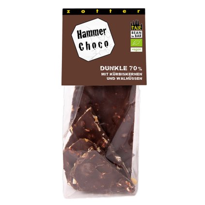 Fair trade bio lámaná vegan hořká čokoláda 70% s dýňovými semínky a vlašskými ořechy, 100 g