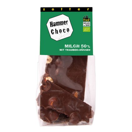 Fair trade bio lámaná mléčná čokoláda 50% s lískovými oříšky a hrozinkami, 100 g