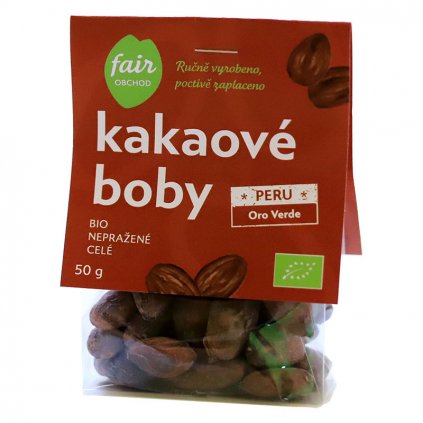 Fair trade bio nepražené kakaové boby celé Peru Oro Verde, 50 g